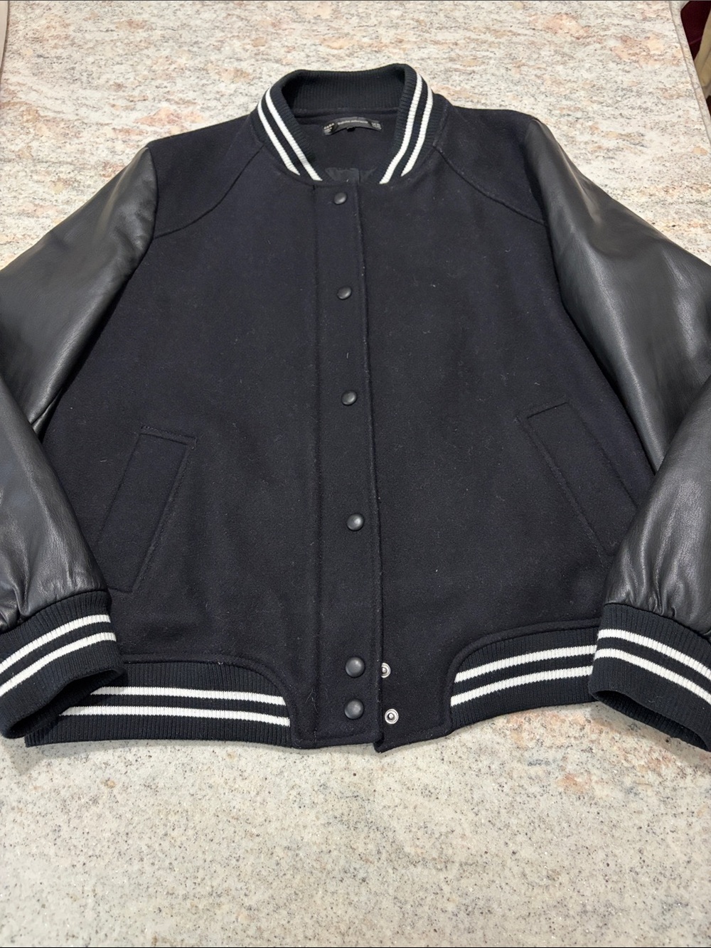 Zara Black Varsity Bomber Jacket with Leather Sleeves and Stripe Trim